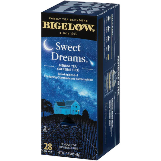 Bigelow Sweet Dreams Herbal Tea 28-Count Box (Pack of 1) Relaxing Blend of Chamomile & Mint Caffeine-Free Nighttime Herbal Tea in Individual Foil-Wrapped Bags