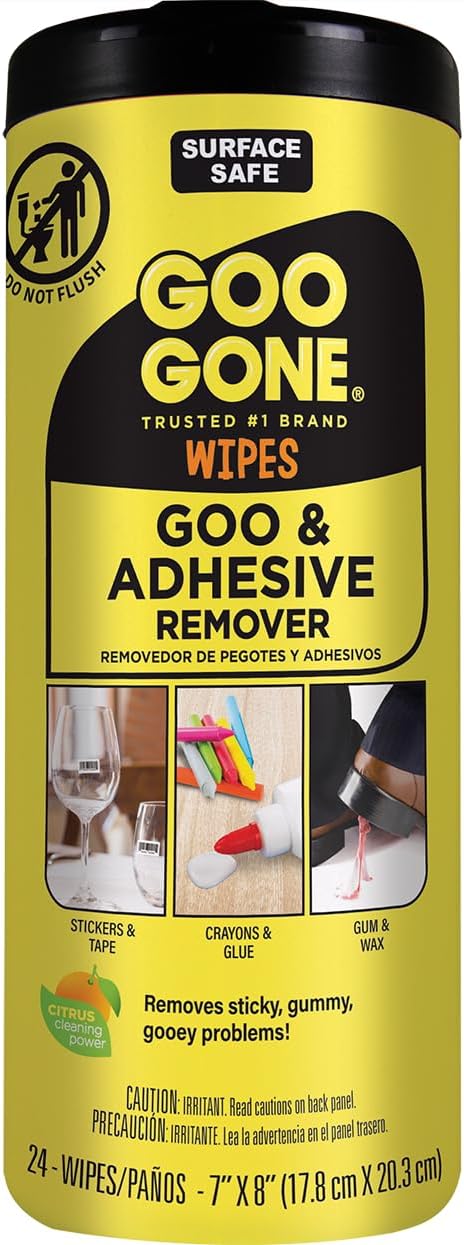 Goo Gone Clean Up Wipes Adhesive Remover - 24 Count - Removes Adhesive Residue Labels Stickers Crayon Tree Sap Gum Masking Tape Glue and More