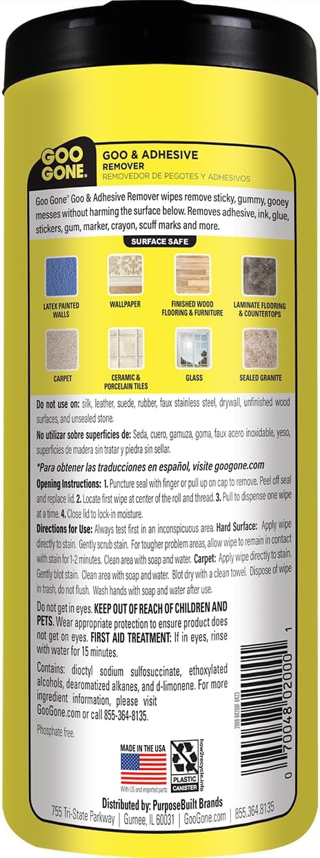 Goo Gone Clean Up Wipes Adhesive Remover - 24 Count - Removes Adhesive Residue Labels Stickers Crayon Tree Sap Gum Masking Tape Glue and More