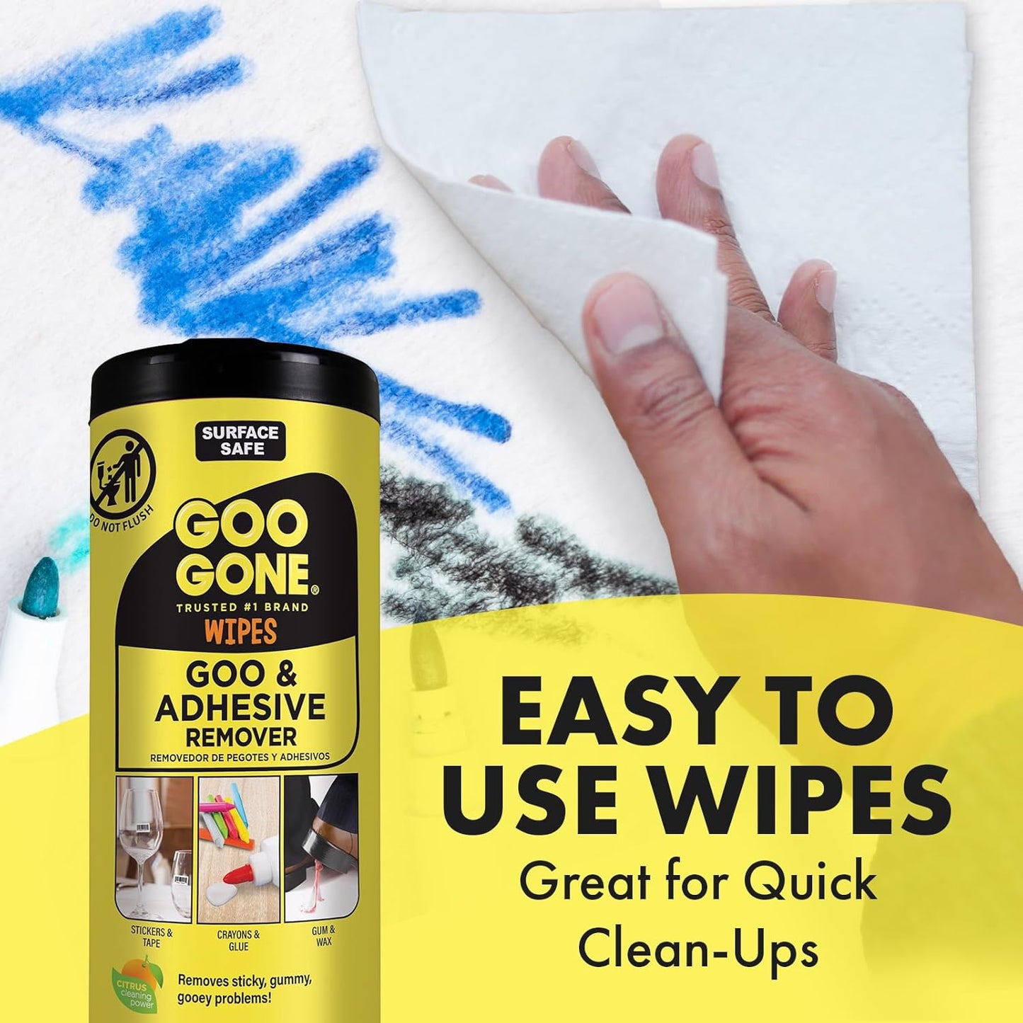 Goo Gone Clean Up Wipes Adhesive Remover - 24 Count - Removes Adhesive Residue Labels Stickers Crayon Tree Sap Gum Masking Tape Glue and More
