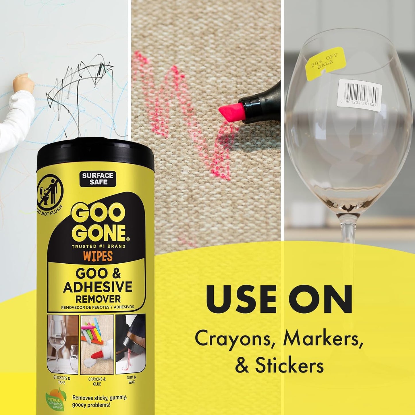 Goo Gone Clean Up Wipes Adhesive Remover - 24 Count - Removes Adhesive Residue Labels Stickers Crayon Tree Sap Gum Masking Tape Glue and More