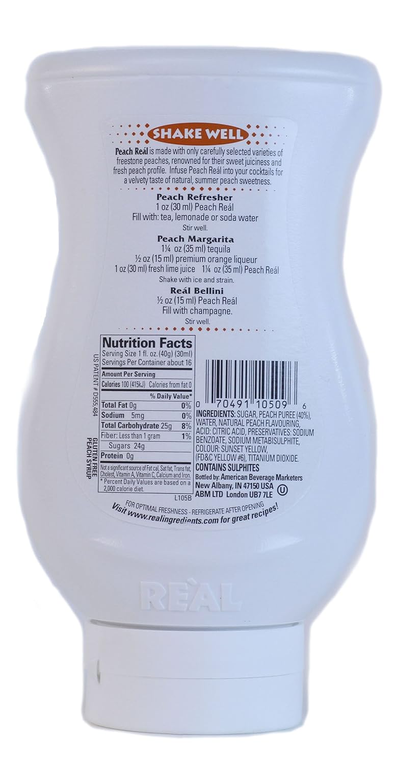 Peach Reàl, Peach Puree Infused Syrup, 16.9 FL OZ Squeezable Bottle (Pack of 1)