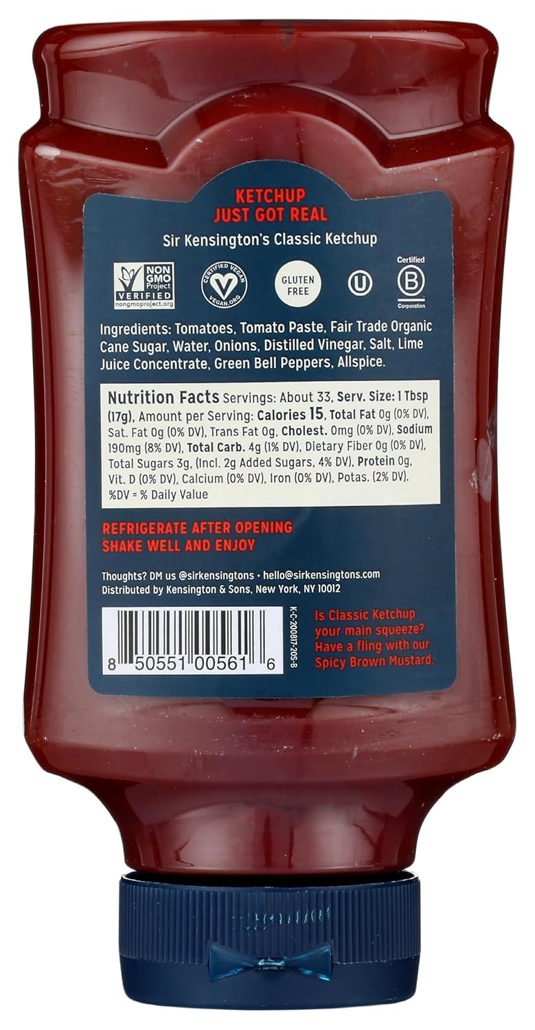 Sir Kensington's Classic Ketchup, From Whole Tomatoes, No High Fructose Corn Syrup, Gluten Free, Certified Vegan, Non- GMO Project Verified, Shelf-Stable, 20 oz